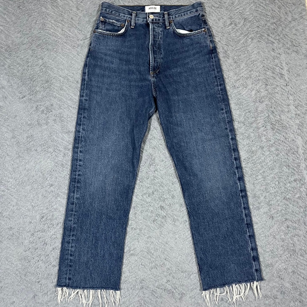 AGOLDE 90's Pinch Waist High Rise Straight Leg Jeans Blue Wash Frayed Sz 27x26